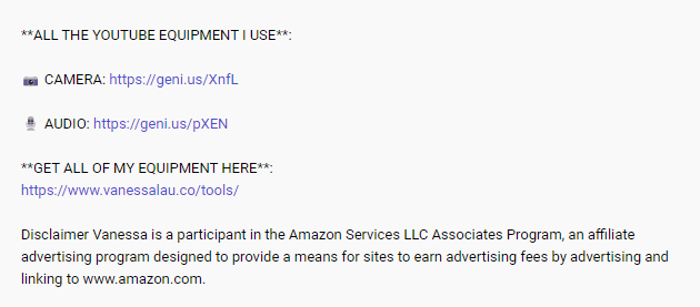 YouTube açıklamasındaki bağlı kuruluş pazarlamasının ekran görüntüsü