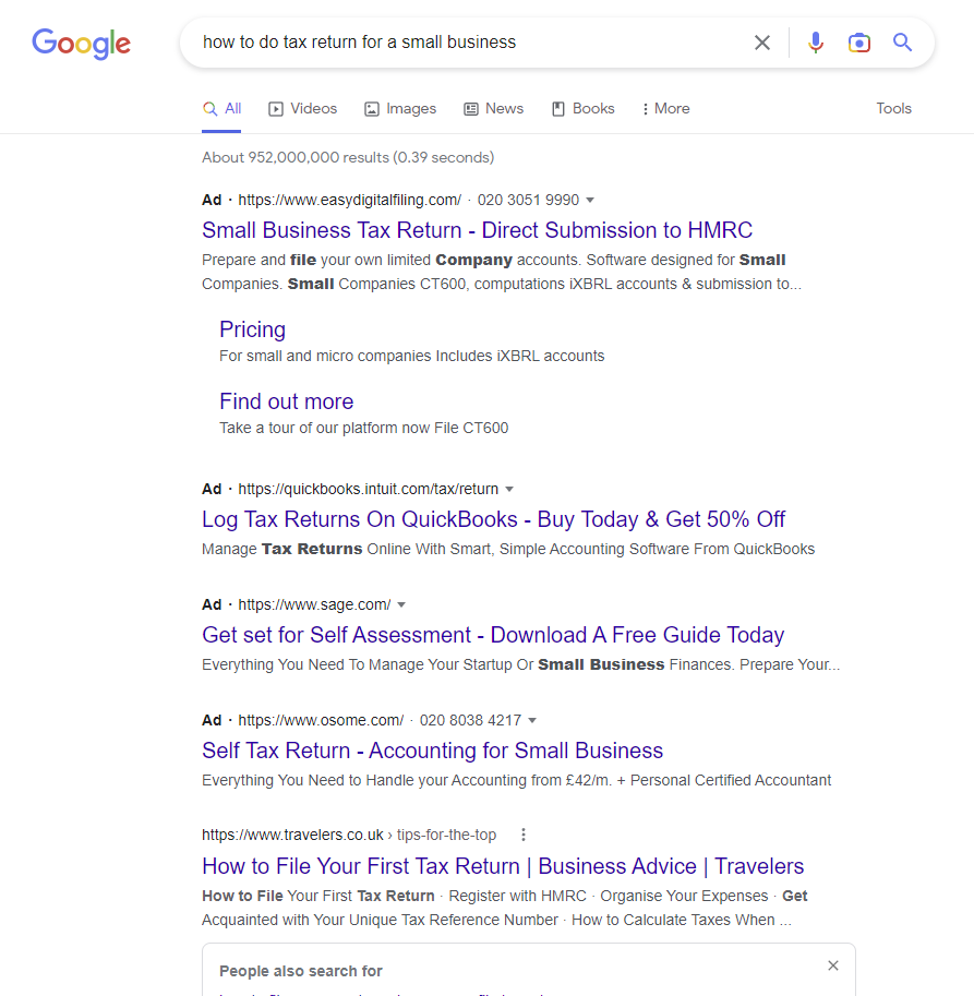 "Küçük bir işletme için vergi beyannamesi nasıl yapılır" konulu Google aramasının ekran görüntüsü