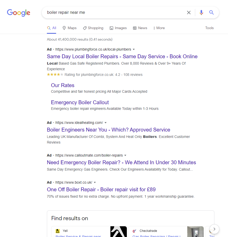 Google'daki reklamların ekran görüntüsü