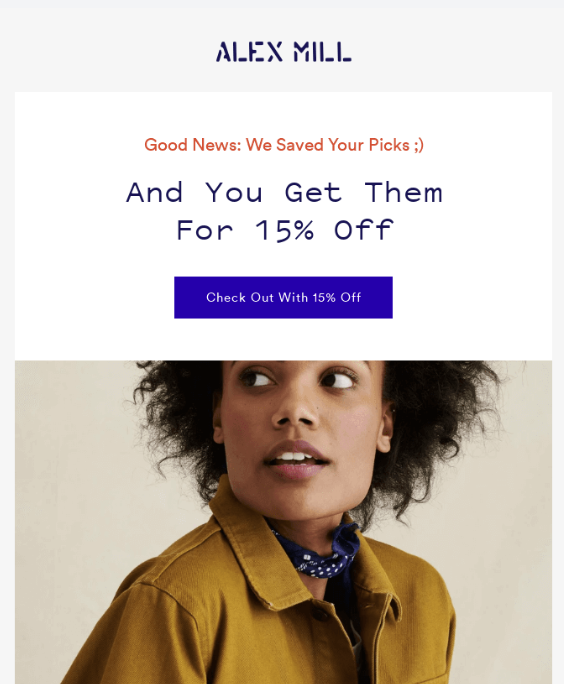 Alex Mill'den terkedilmiş bir sepet e-postasının ekran görüntüsü