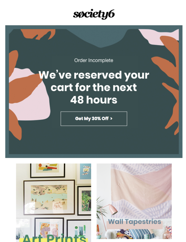 Society6'dan gelen bir e-postanın ekran görüntüsü