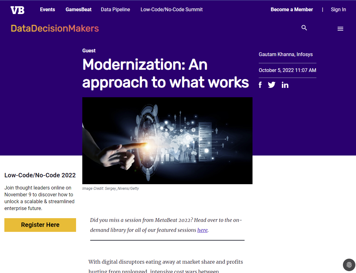 VentureBeat'ten "Modernizasyon: Neyin işe yaradığına bir yaklaşım" başlıklı bir blogun ekran görüntüsü