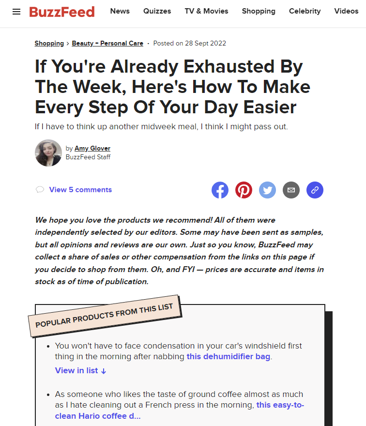 BuzzFeed'in bağlı kuruluş pazarlama blogunun ekran görüntüsü