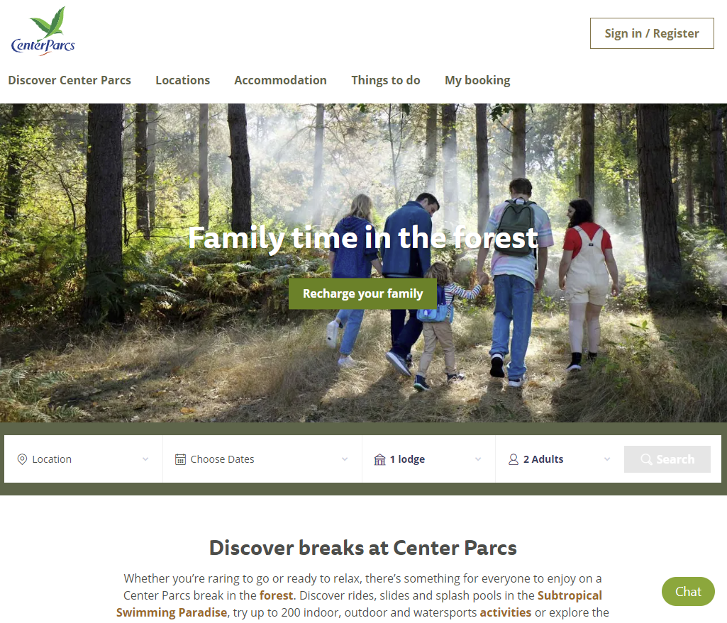 Center Parcs web sitesinin ekran görüntüsü