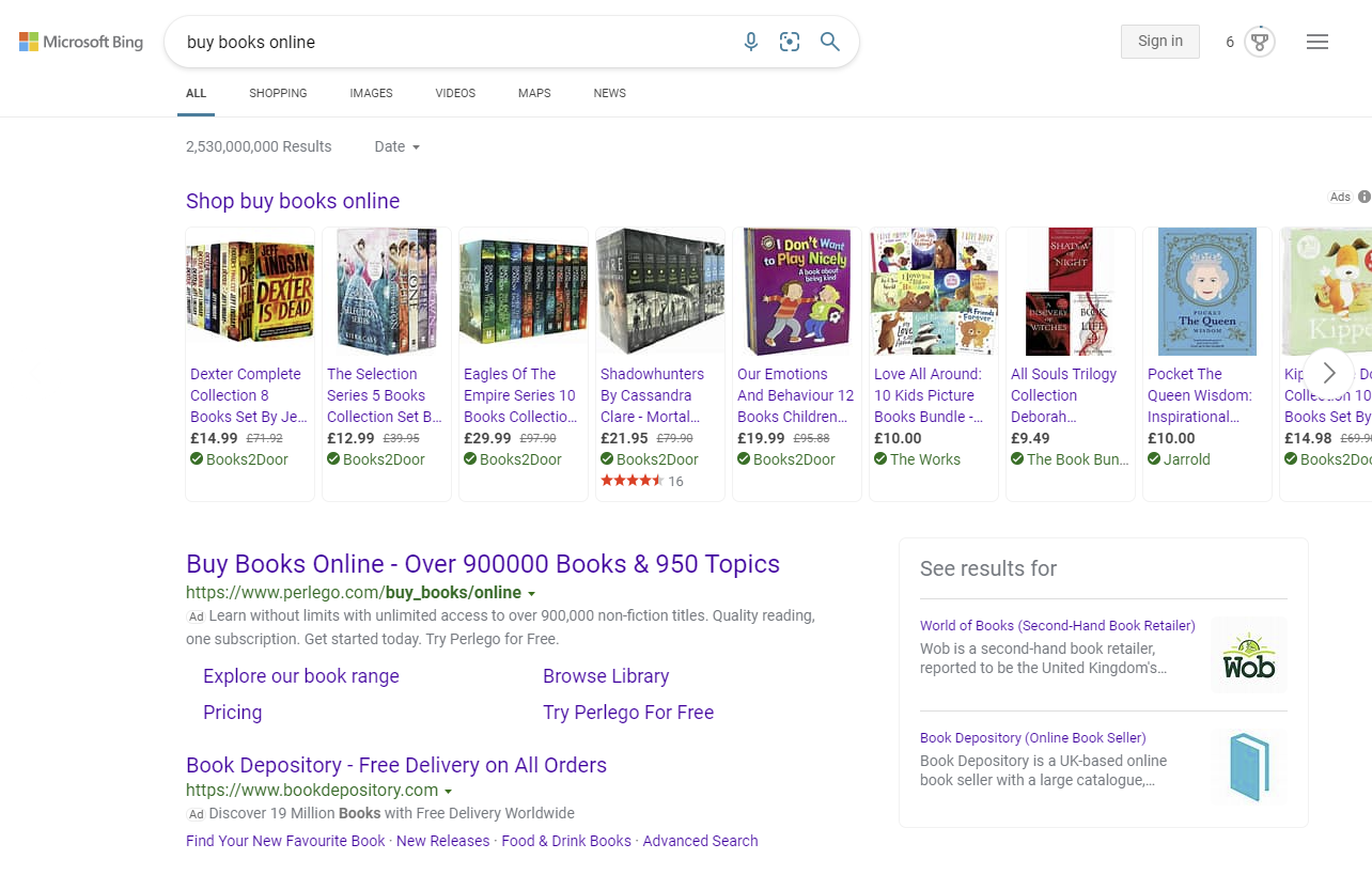 Bing aramadaki reklamların ekran görüntüsü