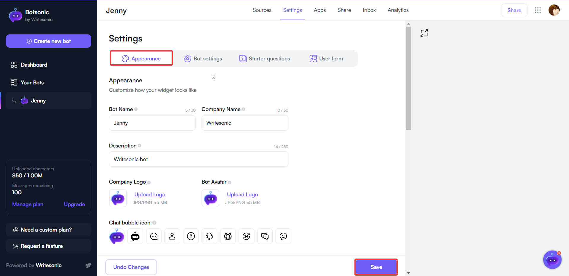 Botsonic ضبط المظهر - WhatsApp chatbot