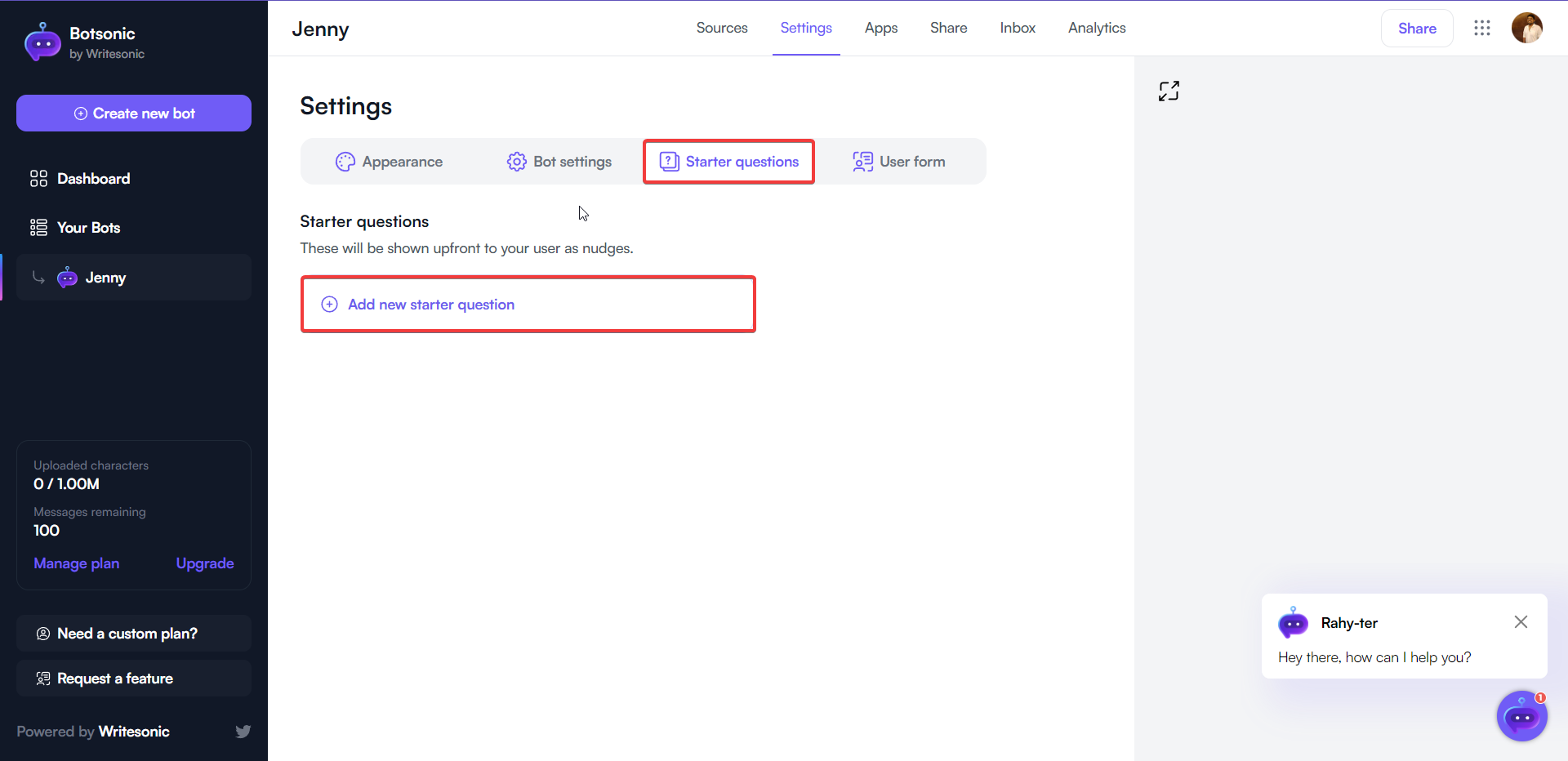 أضف سؤال بداية على Botsonic - WhatsApp Chatbot