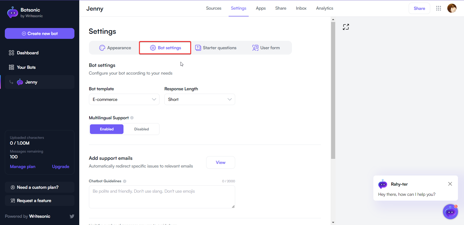 قم بتغيير إعدادات الروبوت Botsonic - WhatsApp chatbot
