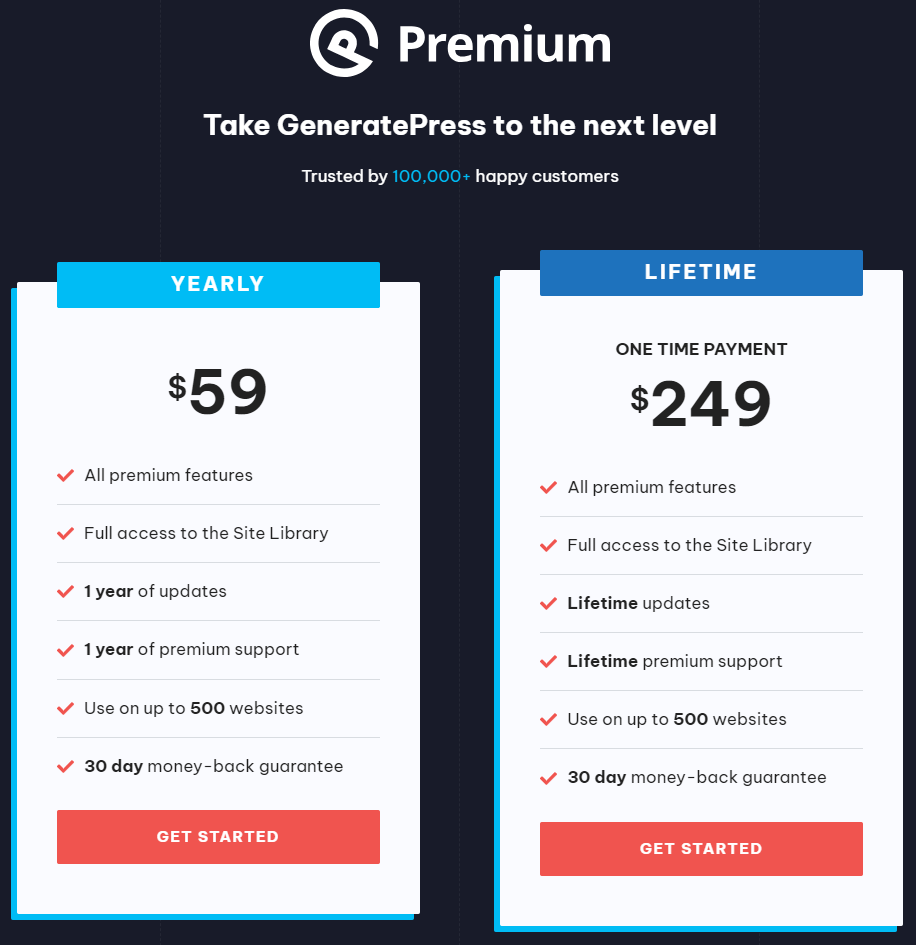 صورة خطط التسعير المميزة لـ GeneratePress