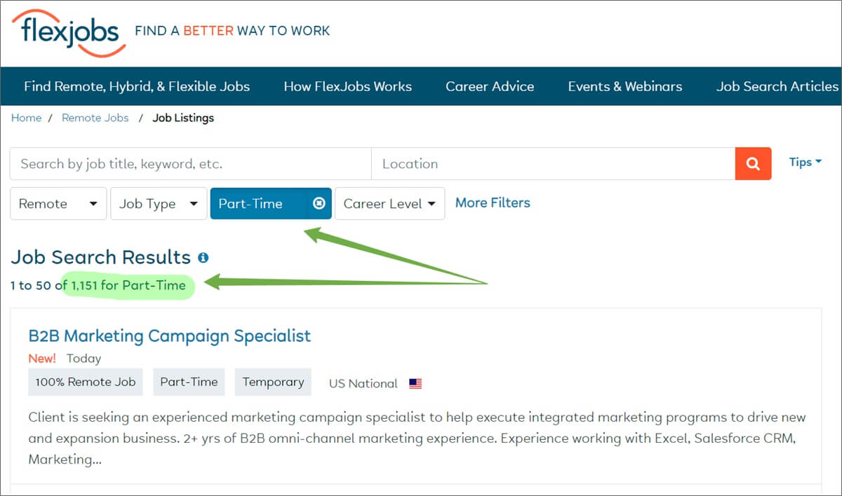 نتائج الوظائف عن بعد بدوام جزئي في flexjobs