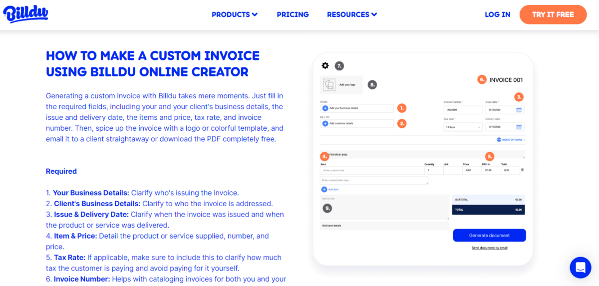 لقطة شاشة لمنشئ الفاتورة المجاني عبر الإنترنت Billdu