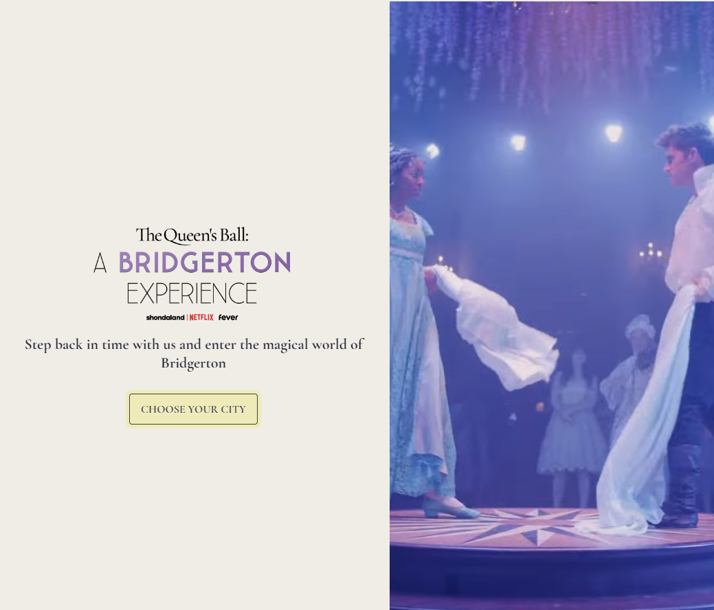 "A Bridgerton Experience" 웹사이트의 스크린샷