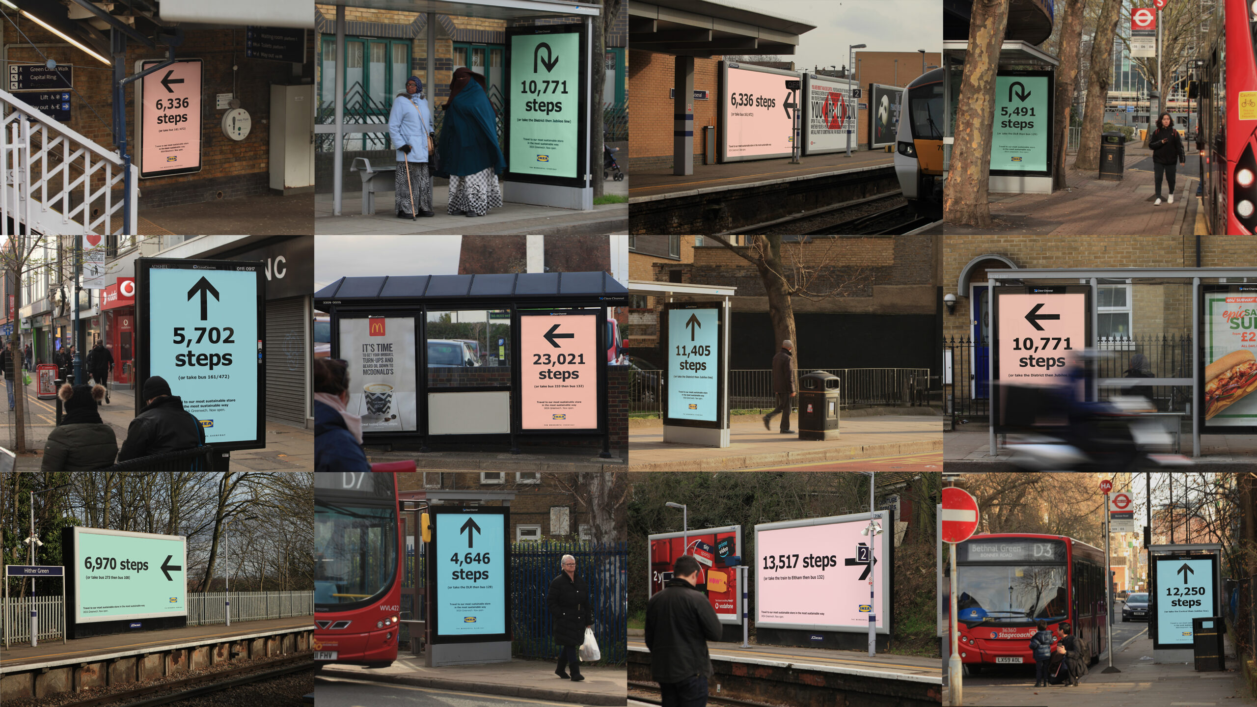 쇼핑객에게 Ikea 매장을 안내하고 IKEA에 가려면 몇 단계를 거쳐야 하는지 알려주는 여러 Ikea 광고의 콜라주