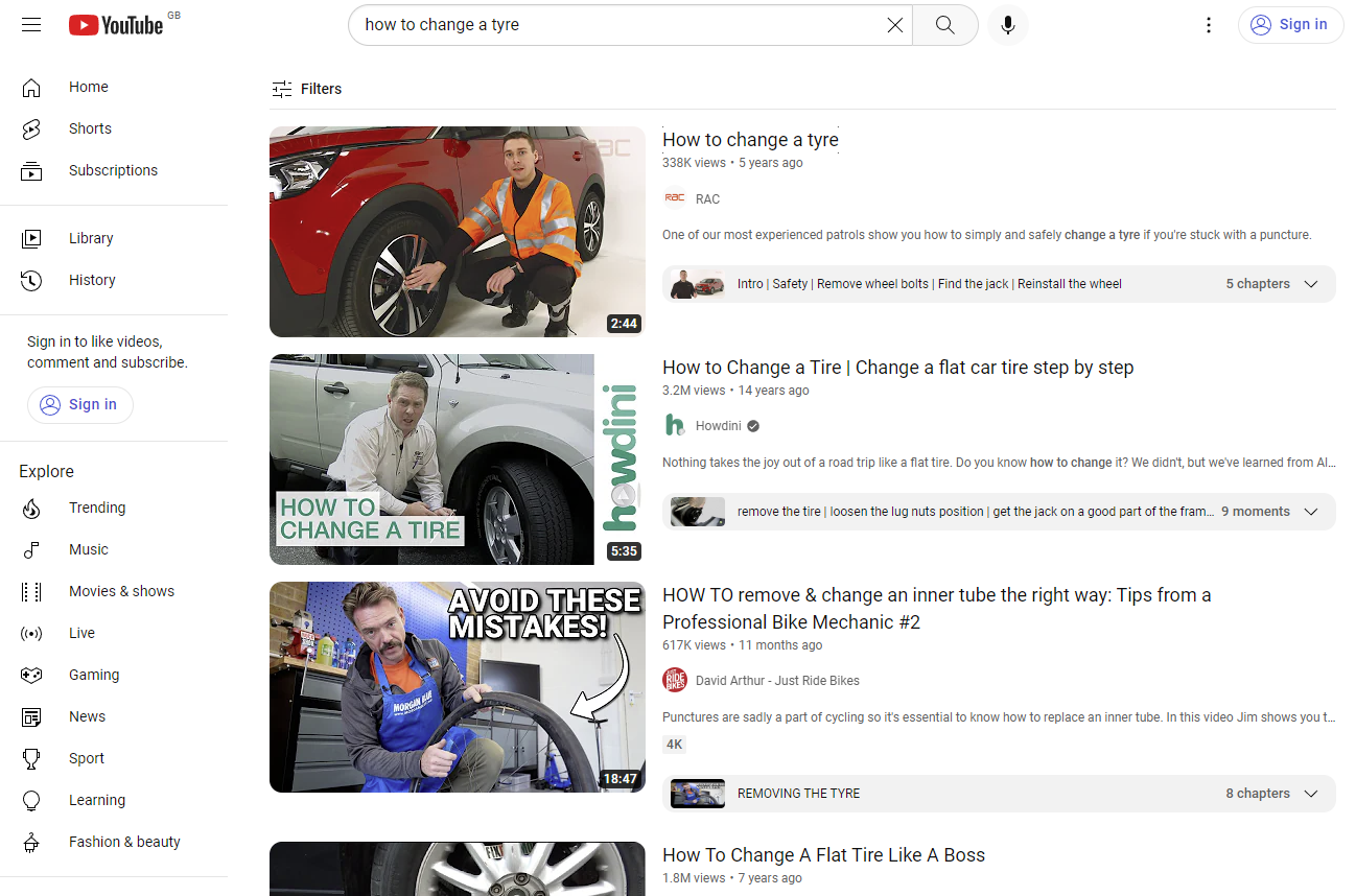 YouTube 검색결과의 예