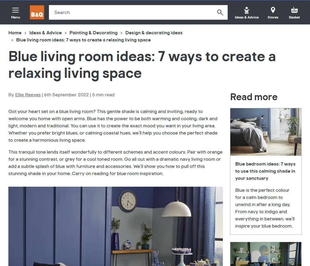 B&Q 웹사이트의 블로그 스크린샷