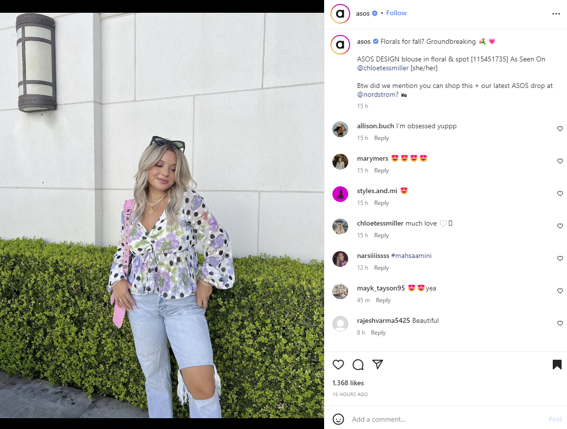 ASOS의 Instagram 게시물 예.