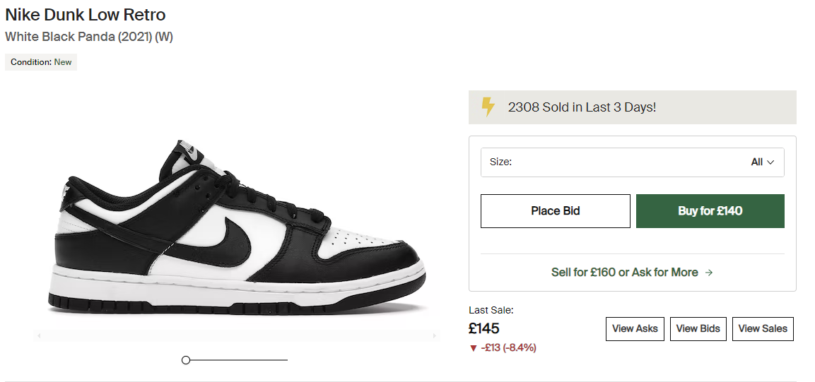 StockX ürün sayfasındaki CTA'ların ekran görüntüsü