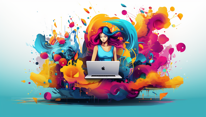 illustrando il concetto di marketing del marchio: sfondo colorato dietro una donna che lavora su un laptop Apple