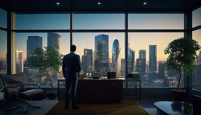ilustrații ale unui antreprenor care se uită la un oraș, contemplând corporația lor