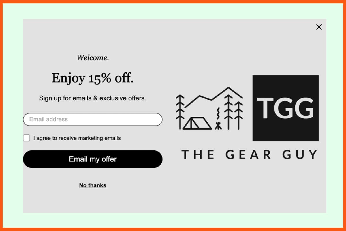 Gear Guy는 이메일 주소 교환으로 15% 할인을 제공합니다.