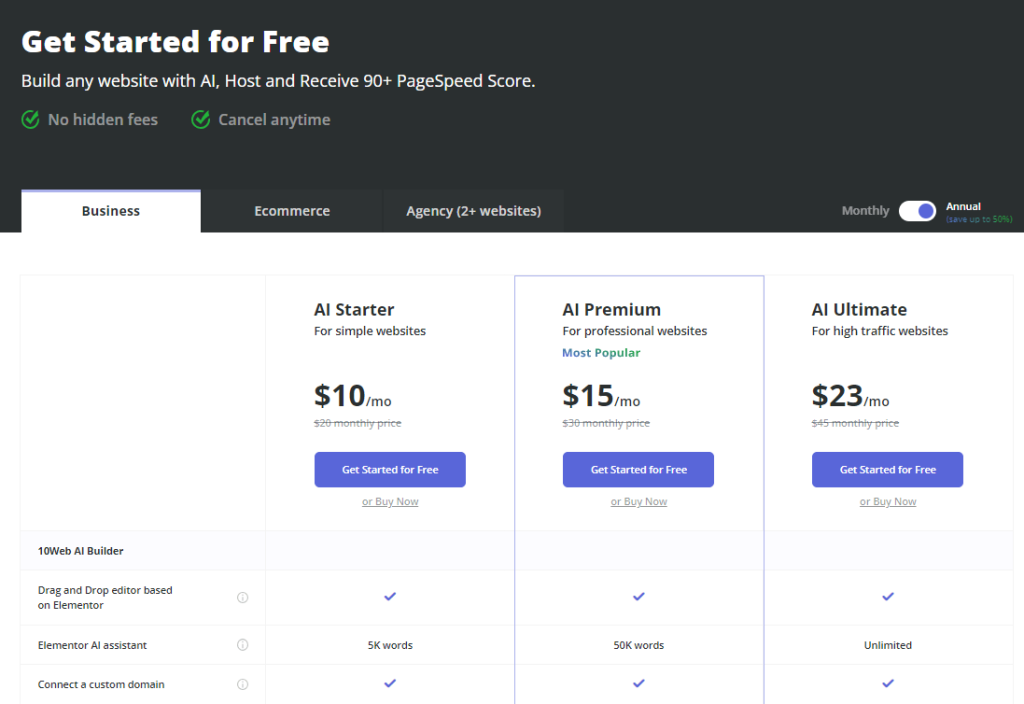 10Web AI Builder の料金プラン