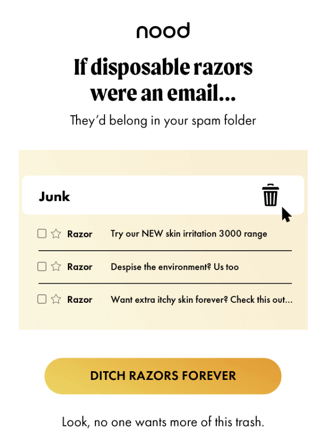 Zrzut ekranu e-maila od firmy Nood promującego maszynki do golenia wielokrotnego użytku