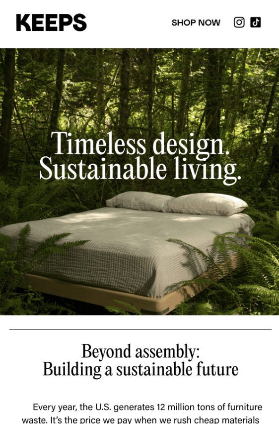 숲 속 침대 사진이 포함된 Keeps의 이메일 스크린샷. 텍스트에는 "시대를 초월한 디자인, 지속 가능한 삶"이라고 적혀 있습니다.