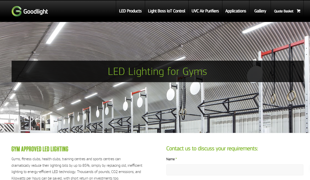 Captura de pantalla de una página dedicada a la iluminación LED para gimnasios