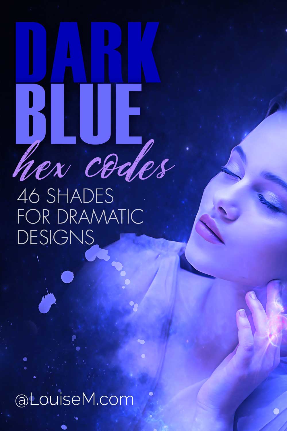 青い光の中のきれいな女性にはテキストがあり、劇的なデザインの濃い青の 16 進コードが付いています。