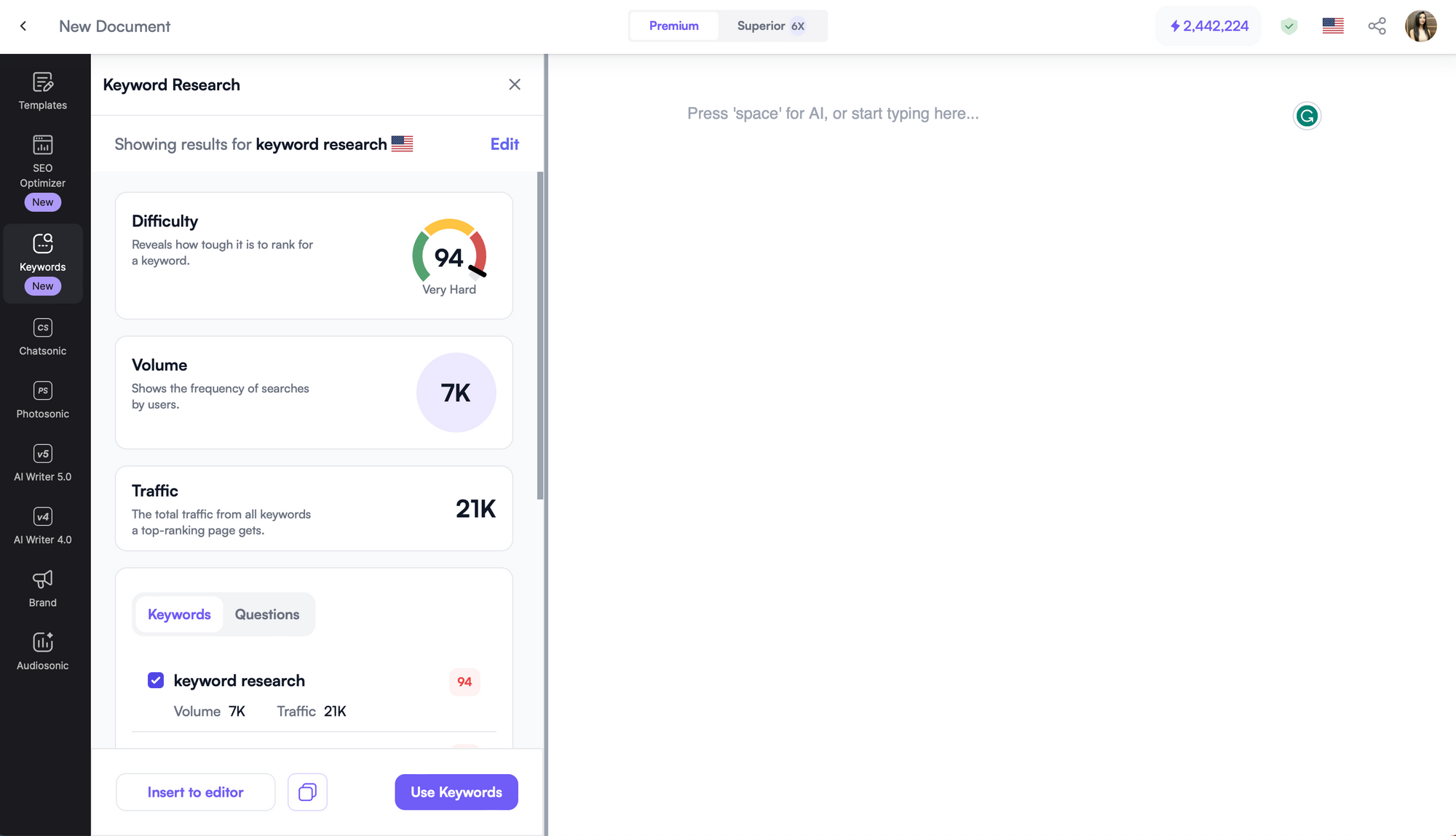 Herramienta de investigación de palabras clave de Writesonic - Investigación de palabras clave