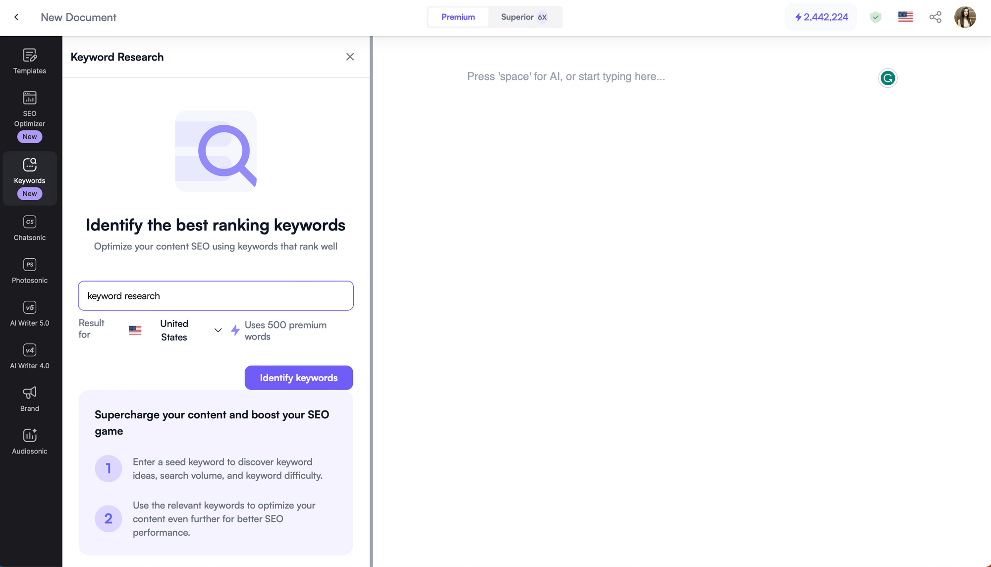 Herramienta de investigación de palabras clave de Writesonic - Investigación de palabras clave