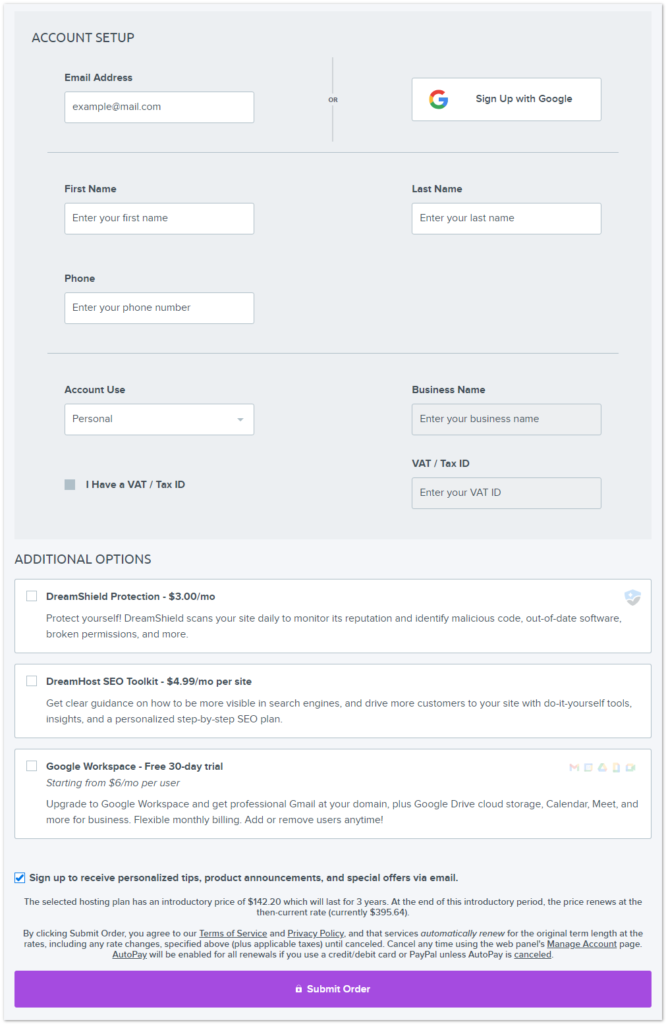 dreamhost account setup and aditional options