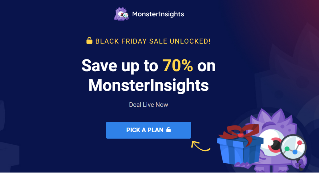 MonsterInsights 2023 年黑色星期五促銷:最高 70% 折扣 2 monsterinsights black friday page