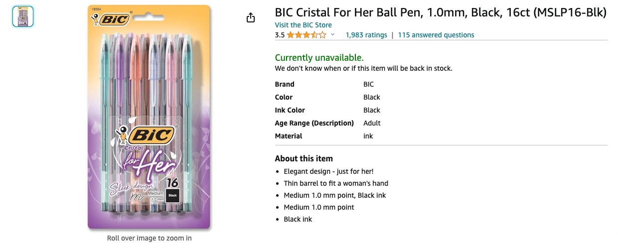 Captură de ecran a lui Bic Cristal pentru stilourile ei pe Amazon